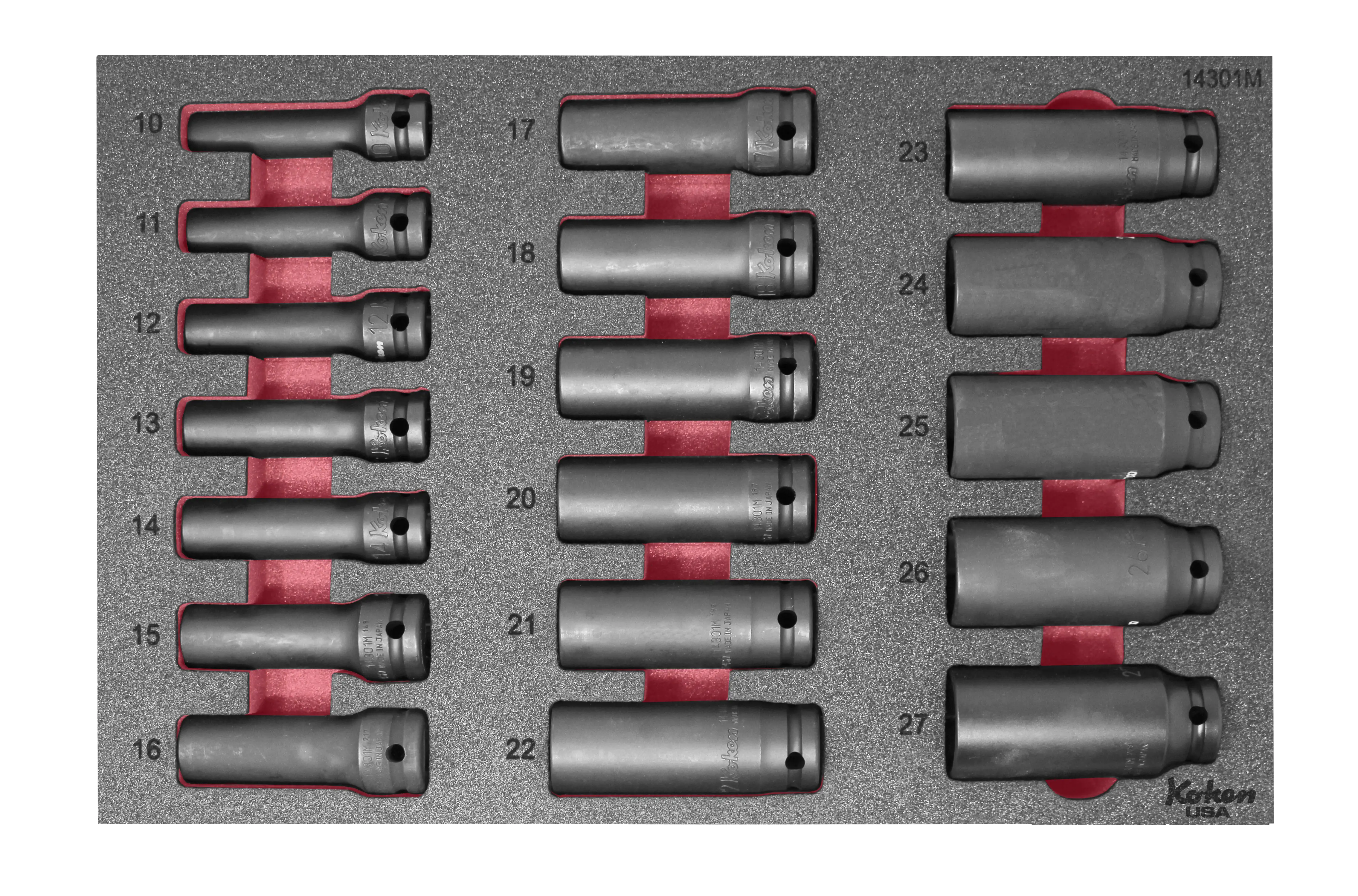 1/2" Sq Dr. Impact Deep Thin Walled Socket Set in Foam - 18 Pieces