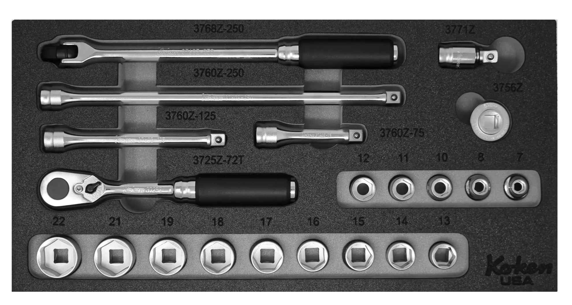 3/8" Sq. Dr. Socket and Driver Set Metric with 72T Ratchet in Foam (Red, Blue, Green, Yellow or Gray) - Image 4